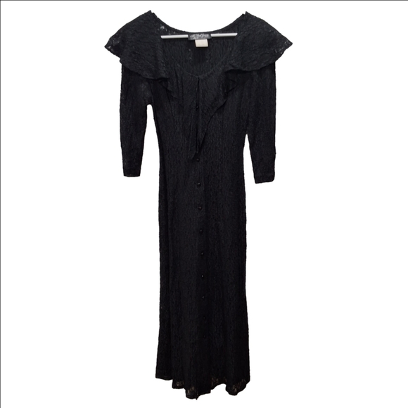 All that Jazz Dresses & Skirts - All That Jazz~VTG 80s~Black Lace~Button Maxi Dress~Whimsygoth~Ruffled Collar~7/8